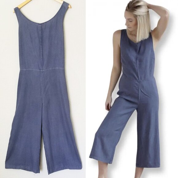 Anthropologie Cloth & Stone Tie Open Back Crop Jumpsuit L Wide Leg Flowy Tencel - Picture 3 of 12